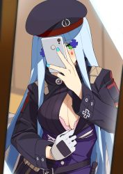 Rule 34 | 1girl, beret, blue nails, bra, breasts, cellphone, cleavage, commentary, facial mark, girls&#039; frontline, gloves, green eyes, hat, highres, hk416 (girls&#039; frontline), holding, holding phone, jacket, large breasts, long hair, long sleeves, looking at viewer, mirror, nail polish, ningen (ningen96), phone, silver hair, solo, underwear, upper body, white gloves