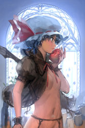 Rule 34 | 1girl, apple, bat wings, blue hair, bottomless, female focus, flat chest, food, fruit, garter belt, hat, highres, jeanex, nail polish, navel, nipples, no pants, open clothes, open shirt, profile, red eyes, remilia scarlet, ribbon, shirt, short hair, solo, touhou, wings, wrist cuffs