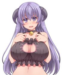 Rule 34 | 1girl, amane hasuhito, bad id, bad pixiv id, bell, neck bell, black bra, blush, bra, breasts, cat cutout, cat lingerie, choker, cleavage, cleavage cutout, clothing cutout, hanyuu, higurashi no naku koro ni, horns, jingle bell, large breasts, long hair, looking at viewer, meme attire, navel, open mouth, purple eyes, purple hair, simple background, solo, underwear, upper body, very long hair, white background