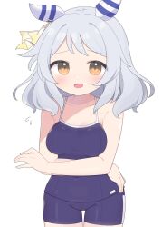 Rule 34 | 1girl, animal ears, arm under breasts, bare shoulders, blue one-piece swimsuit, blush, breasts, cowboy shot, ear covers, ear ornament, grey hair, highres, hishi miracle (umamusume), horse ears, horse girl, looking at viewer, medium breasts, medium hair, mei (meimyan), one-piece swimsuit, open mouth, simple background, smile, solo, swimsuit, tracen swimsuit, umamusume, white background, yellow eyes