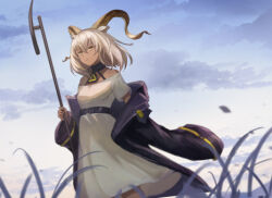 Rule 34 | 1girl, animal ears, arknights, beeswax (arknights), belt, breasts, brown eyes, cloud, dark skin, dress, expressionless, goat ears, goat girl, goat horns, grass, holding, holding weapon, hood, hood down, horns, infection monitor (arknights), jacket, long sleeves, looking at viewer, medium breasts, open clothes, open jacket, short hair, sky, solo, teeth, touchika, weapon, white dress, white hair