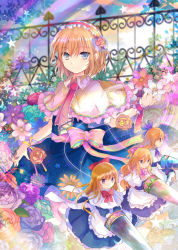 Rule 34 | 1girl, alice margatroid, apron, blonde hair, blue dress, blue eyes, bow, capelet, dress, fence, flower, hair bow, hair flower, hair ornament, hairband, hand up, ironwork, kazu (muchuukai), lace, lace-trimmed ribbon, lace trim, lance, light smile, lolita hairband, long hair, looking at viewer, pink bow, pink ribbon, polearm, puppet rings, puppet strings, rainbow, red ribbon, ribbon, ring, rose, shanghai doll, short hair, solo, star (symbol), touhou, waist apron, weapon, wrist cuffs, wrist ribbon