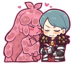 Rule 34 | 1boy, 1girl, aqua hair, black gloves, blush, closed eyes, closed mouth, collared shirt, commentary request, crossed arms, employee (project moon), fur-trimmed jacket, fur trim, gloves, grey jacket, hatake shimeji, heart, imminent kiss, jacket, lobotomy corporation, long hair, long sleeves, lowres, melting love, monster girl, no nose, open clothes, open jacket, outline, pink outline, project moon, red shirt, shirt, short hair, simple background, slime girl, sweat, v-shaped eyebrows, white background