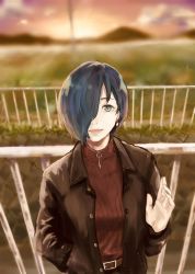 Rule 34 | 1girl, absurdres, alternate costume, belt, brown belt, brown jacket, commentary request, earrings, hair over one eye, hand in pocket, hand up, highres, jacket, jewelry, kirishima touka, long sleeves, makko (user kvud5535), open clothes, open jacket, open mouth, outdoors, railing, shiny clothes, shirt, short hair, smile, solo, sunset, sweater tucked in, tokyo ghoul