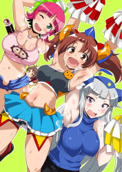 Rule 34 | 10s, 4girls, aoi manabu, armpits, arms up, bare shoulders, bike shorts, breasts, brown eyes, brown hair, character request, collar, crop top, fang, gai-chan, green eyes, headgear, horns, large breasts, long hair, looking at viewer, lorelai yoko, midriff, multiple girls, navel, one eye closed, open mouth, pin, pink hair, pom pom (cheerleading), protogetter (robot girls z), purple eyes, robot girls z, short hair, short shorts, shorts, shorts under skirt, silver hair, simple background, skirt, sleeveless, smile, sweat, teeth, unzipped