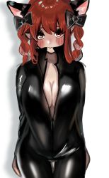 Rule 34 | 1girl, alternate costume, animal ears, blush, bow, braid, breasts, cat ears, cleavage, extra ears, hair bow, highres, kaenbyou rin, kashiwara mana, looking at viewer, pointy ears, red eyes, red hair, skin tight, solo, touhou, twin braids