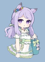 Rule 34 | 1girl, :o, animal ears, bag, blue flower, blush, bow, chibi, commentary request, dress, flower, flower bracelet, gold ship (umamusume), green bow, hair flower, hair ornament, highres, holding strap, horse ears, horse girl, horse tail, long hair, looking at viewer, low twintails, mejiro mcqueen (ripple fairlady) (umamusume), mejiro mcqueen (umamusume), nozo (hitomiz), parted lips, pink flower, purple eyes, purple hair, red flower, see-through, sidelocks, solo, tail, twintails, umamusume, very long hair, white dress, yellow flower