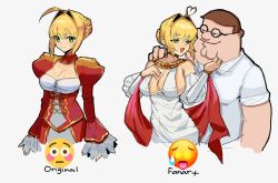 Rule 34 | 1boy, 1girl, ahoge, blonde hair, breasts, brown hair, cleavage, cleft chin, closed mouth, crossover, double chin, dress, emoji, family guy, fat, fat man, fate/grand order, fate (series), green eyes, hair bun, hair intakes, hetero, kowai (iamkowai), large breasts, looking at viewer, meme, nero claudius (fate), nero claudius (fate) (all), open mouth, peter griffin, puffy sleeves, red shirt, shirt, short hair, single hair bun, smile, very short hair, white dress