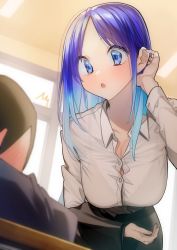 Rule 34 | 1boy, 1girl, absurdres, blue eyes, blue hair, blush, bra visible through clothes, breasts, classroom, cleavage, commentary, desk, highres, indoors, large breasts, light blue hair, long hair, multicolored hair, original, rinku (rin9), school desk, teacher, two-tone hair