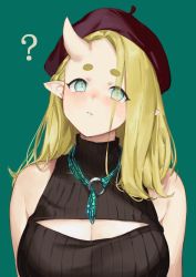 Rule 34 | 1girl, ?, beret, blonde hair, breasts, cleavage, cleavage cutout, closed mouth, clothing cutout, green eyes, hat, highres, horns, large breasts, light frown, long hair, looking at viewer, nashidrop, original, pear (nashidrop), pointy ears, single horn, solo, thick eyebrows, turtleneck
