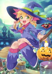 Rule 34 | 1girl, alternate costume, android, bat (animal), blonde hair, blush, bow, broom, broom riding, candle, castle, cloud, cloudy sky, commentary request, dress, full body, green bow, green eyes, green ribbon, halloween, halloween costume, happy, hat, hat bow, hat ribbon, inou shin, jack-o&#039;-lantern, joints, long sleeves, looking at viewer, mega man (classic), mega man (series), night, night sky, open mouth, pumpkin, purple dress, purple footwear, purple headwear, ribbon, robot, robot joints, roll (mega man), sidelocks, sky, teeth, upper teeth only, witch, witch hat