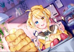 Rule 34 | 1girl, :d, ahoge, black bow, blonde hair, blue eyes, blue hair, blurry, blurry background, blush, bow, braid, brown eyes, brown sailor collar, commentary request, depth of field, dutch angle, food, fork, fruit, hands up, heterochromia, holding, holding fork, holding spoon, indie virtual youtuber, indoors, jacket, loco lost, long sleeves, looking at viewer, macaron, multicolored hair, open mouth, pancake, pancake hair ornament, pancake stack, plaid, plaid bow, plate, rei (rei&#039;s room), sailor collar, shirt, sleeves past wrists, smile, solo, souffle pancake, sparkle, spoon, strawberry, streaked hair, teeth, tiered tray, two-tone hair, upper body, upper teeth only, virtual youtuber, white shirt, yellow jacket