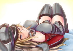 Rule 34 | 10s, 1girl, bismarck (kancolle), blonde hair, blue eyes, blush, breasts, brown gloves, detached sleeves, gloves, grey thighhighs, hasaya, hat, kantai collection, large breasts, long hair, lying, military, military uniform, peaked cap, personification, shiny clothes, solo, thighhighs, uniform