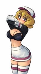 Rule 34 | 1girl, absurdres, black bra, black shirt, blonde hair, blurry, blush, bra, breasts, clothes lift, cowboy shot, creatures (company), domino (pokemon), game freak, gloves, hat, highres, large breasts, looking at viewer, miniskirt, monorus, nintendo, pokemon, pokemon (anime), purple eyes, shirt, shirt lift, simple background, skirt, solo, striped clothes, striped thighhighs, thighhighs, underwear, undressing, white background, white gloves, zettai ryouiki