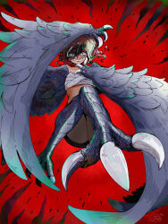 Rule 34 | 1girl, bird legs, black feathers, black hair, black wings, bumpy nanju, chest sarashi, claws, clenched teeth, commentary request, feathered wings, feathers, harpy, highres, looking at viewer, monster girl, original, red background, red eyes, sarashi, short hair, solo, talons, tearing up, teeth, winged arms, wings