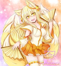 Rule 34 | 1girl, absurdres, animal ears, bell, blonde hair, fox ears, fox girl, fox tail, hand fan, highres, japanese clothes, kitsune, kitsune mitsuko (lunime), lunime, miko, nontraditional miko, open mouth, pur orange, smile, tail