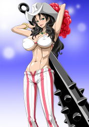 Rule 34 | 1girl, abs, alvida (one piece), armpits, arms up, bare arms, bare shoulders, bikini, bikini top only, black hair, blush, breasts, capri pants, cleavage, club, club (weapon), covered erect nipples, gradient background, green eyes, hat, highres, holding, holding weapon, jewelry, large breasts, legs, lips, lipstick, long hair, looking at viewer, mace, makeup, navel, necklace, nel-zel formula, one piece, pants, parted lips, red lips, simple background, smile, solo, spiked club, standing, striped clothes, striped pants, sun hat, swimsuit, thighs, toned, underboob, vertical stripes, weapon, white bikini, white hat