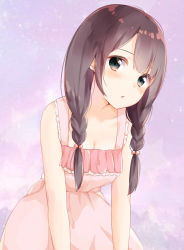 Rule 34 | 1girl, azuki (krps-hano), beads, blue eyes, braid, breasts, brown hair, cleavage, commentary, dress, hair between eyes, hair ornament, highres, long hair, looking at viewer, low twintails, manatsuki manata, medium breasts, original, parted lips, pink dress, purple background, solo, twintails