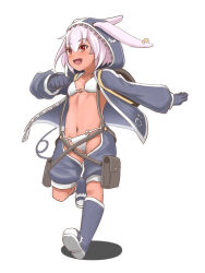 Rule 34 | 1girl, :d, animal ears, black footwear, black gloves, black jacket, black shorts, boots, breasts, commentary request, crotch cutout, ear piercing, ears through headwear, full body, gloves, grey hair, hair between eyes, highres, hood, hood up, hooded jacket, jacket, knee boots, kuro kosyou, long sleeves, navel, o-ring, o-ring bottom, o-ring top, open mouth, original, piercing, puffy long sleeves, puffy shorts, puffy sleeves, rabbit ears, red eyes, running, shadow, short eyebrows, shorts, simple background, small breasts, smile, solo, thick eyebrows, white background