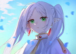 Rule 34 | 1girl, absurdres, blue sky, blurry, capelet, cloud, cloudy sky, commentary, earrings, elf, falling petals, female focus, forehead, frieren, green eyes, hair intakes, highres, jewelry, long hair, looking at viewer, parted bangs, parted lips, petals, pointy ears, sky, solo, sousou no frieren, thick eyebrows, upper body, white capelet, white hair, yozakurayuyu