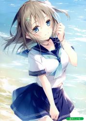 Rule 34 | 1girl, absurdres, artist name, blue eyes, blue skirt, blush, brown hair, collarbone, day, hair ornament, hairclip, hand up, highres, long hair, looking at viewer, melonbooks, mochizuki shiina, outdoors, pleated skirt, sailor collar, scan, school uniform, shore, short sleeves, skirt, smile, solo, water