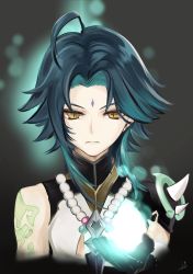 Rule 34 | 1boy, absurdres, ahoge, arm tattoo, asahi (vjss4548), bare shoulders, bead necklace, beads, black gloves, black hair, closed mouth, facial mark, forehead mark, genshin impact, gloves, green hair, highres, jewelry, light, long hair, male focus, multicolored hair, necklace, parted bangs, shoulder pads, shoulder spikes, simple background, sleeveless, slit pupils, solo, spikes, tassel, tattoo, xiao (genshin impact), yellow eyes