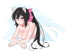 Rule 34 | 1girl, animal ears, artist request, black hair, blush, bow, breasts, cat ears, cat girl, cleavage, hair bow, large breasts, long hair, looking at viewer, lying, noihara himari, omamori himari, on stomach, open mouth, pink bow, ponytail, purple eyes, solo, third-party source, very long hair