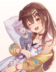 Rule 34 | 1girl, ahoge, animal ears, arl, blush, bone hair ornament, braid, breasts, brown eyes, brown hair, cat ears, collar, collarbone, commentary request, dakimakura (object), dog ears, dog girl, dog tail, fangs, hair between eyes, hair ornament, highres, holding, holding pillow, hololive, hood, hoodie, inugami korone, inugami korone (1st costume), jacket, long hair, long sleeves, nekomata okayu, nekomata okayu (1st costume), off-shoulder jacket, off shoulder, one eye closed, open mouth, pillow, pink hair, red collar, simple background, smile, solo, tail, twin braids, upper body, virtual youtuber, white background, yellow jacket
