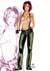 Rule 34 | 1girl, breasts, breasts apart, full body, gloves, green pants, looking at viewer, mature female, medium breasts, navel, no bra, no shirt, pants, parted bangs, red hair, short hair, simple background, snk, solo, standing, suspenders, the king of fighters, vanessa (kof), white background