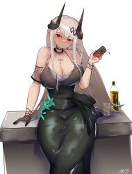 Rule 34 | 1girl, arknights, arm support, bare shoulders, black choker, black dress, black gloves, bottle, breasts, choker, cleavage, commentary, cuddz, cup, detached sleeves, dress, drinking glass, gloves, head tilt, highres, holding, holding cup, horns, large breasts, long hair, looking at viewer, mudrock (arknights), mudrock (silent night) (arknights), official alternate costume, pointy ears, red eyes, short sleeves, simple background, single glove, sitting, solo, very long hair, white background, white hair