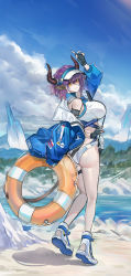 Rule 34 | 1girl, absurdres, animal ears, arknights, arm up, armlet, ass, bare legs, bare shoulders, bikini, black gloves, blue jacket, blush, bottle, breasts, closed mouth, cow ears, cow girl, cow horns, cow tail, echj, fingerless gloves, from behind, full body, gloves, hat, highres, horns, huge breasts, jacket, lifebuoy, long sleeves, looking at viewer, looking back, mountainous horizon, off shoulder, official alternate costume, open clothes, open jacket, ponytail, purple hair, sandals, short ponytail, sideroca (arknights), sideroca (light breeze) (arknights), smile, solo, standing, stream, swim ring, swimsuit, tail, thigh strap, visor cap, water, white bikini, white footwear, white hat, yellow eyes
