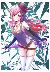 Rule 34 | 1girl, belt, boots, bowler hat, breasts, brown eyes, brown hair, card, covered navel, elbow gloves, feathers, gloves, hat, heterochromia, highres, iesupa, jewelry, leotard, multicolored hair, multiple belts, neo politan, pink eyes, pink hair, rwby, solo, split-color hair, thigh boots, thighhighs, umbrella