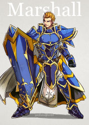 Rule 34 | 1boy, armor, blonde hair, blue eyes, cape, english text, fire emblem, fire emblem: path of radiance, fire emblem: radiant dawn, full body, gatrie, gauntlets, greaves, grey background, gzei, holding, holding shield, male focus, nintendo, pauldrons, shield, shoulder armor, simple background, smile, solo, spiked hair