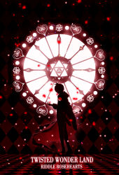 Rule 34 | 1boy, argyle, cape, character name, checkered floor, copyright name, flower, harada miyuki, holding, holding staff, light particles, male focus, minimalism, petals, red theme, riddle rosehearts, rose, rose petals, short hair, silhouette, solo, spot color, staff, stained glass, standing, twisted wonderland