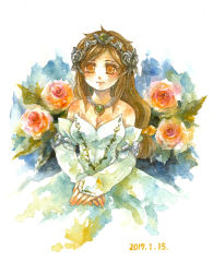 Rule 34 | 1girl, black hair, blush, breasts, cleavage, commentary request, dated, dress, final fantasy, final fantasy ix, flower, garnet til alexandros xvii, jewelry, long hair, necklace, official alternate costume, painting (medium), shiroma (mamiko), solo, tiara, traditional media, watercolor (medium), wedding dress