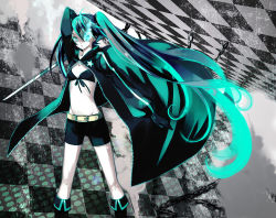 Rule 34 | 1girl, aqua hair, bad id, bad pixiv id, black rock shooter, black rock shooter (character), black rock shooter (cosplay), cosplay, detached sleeves, female focus, hatsune miku, lento (water), solo, swimsuit, twintails, vocaloid