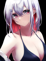 Rule 34 | 1girl, absurdres, ahoge, bad id, bad pixiv id, black background, breasts, cleavage, closed mouth, collarbone, colored inner hair, commentary, ear piercing, expressionless, eyelashes, hair between eyes, hair ornament, hairclip, halterneck, highres, large breasts, looking at viewer, medium hair, multicolored hair, nanashinayuzu mochi, original, piercing, red eyes, red hair, silver hair, simple background, solo, two-tone hair, upper body