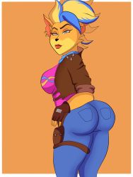 Rule 34 | 1girl, absurdres, artist request, ass, blonde hair, blue hair, breasts, crash bandicoot (series), cropped jacket, denim, fingerless gloves, from behind, furry, gloves, green eyes, highres, huge ass, jeans, large breasts, looking at viewer, mohawk, multicolored hair, pants, short hair, sideboob, smile, solo, tawna bandicoot, thick thighs, thighs, tight clothes, tight pants