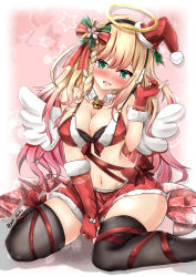 Rule 34 | 1girl, angel wings, bell, bikini, bikini top only, black thighhighs, blonde hair, blush, bow, braid, breasts, christmas, cleavage, collarbone, ebiko yaki, fur-trimmed bikini, fur-trimmed headwear, fur trim, gloves, gradient hair, green eyes, hair bow, hair ornament, hairband, hat, highres, hololive, large breasts, long hair, microskirt, momosuzu nene, multicolored hair, navel, neck bell, open mouth, pink hair, red bikini, red gloves, santa bikini, santa costume, santa gloves, santa hat, signature, single braid, sitting, skirt, solo, star (symbol), swimsuit, thighhighs, very long hair, virtual youtuber, wariza, wings