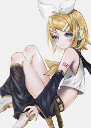 Rule 34 | 1girl, absurdres, blonde hair, blue eyes, blush, bow, diamond-shaped pupils, diamond (shape), hair bow, hair ornament, hairclip, headset, highres, kagamine rin, knees up, leg warmers, looking at viewer, neckerchief, nuko 0108, sailor collar, shorts, smile, solo, symbol-shaped pupils, vocaloid, white bow, yellow neckerchief