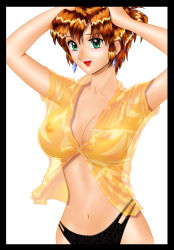 Rule 34 | 1990s (style), 1girl, agent aika, aika (series), alternate costume, arms up, blush, breasts, brown hair, cleavage, covered erect nipples, earrings, green eyes, highres, jewelry, large breasts, navel, nipples, no bra, open mouth, panties, pantyshot, retro artstyle, see-through, shirt, short hair, simple background, smile, solo, standing, sumeragi aika, thong, underwear, white background, yuusuke (ziyasu)