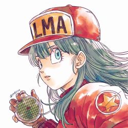 Rule 34 | 1girl, aqua eyes, aqua hair, baseball cap, blunt bangs, brown gloves, bulma, character name, close-up, clothes writing, commentary, dragon ball, dragon ball (classic), dragon radar, expressionless, eyelashes, facing viewer, floating hair, gloves, hair behind ear, hair over shoulder, hand up, hat, highres, holding, jacket, letterman jacket, lips, looking afar, medium hair, parted lips, red hat, red jacket, shade, sideways glance, simple background, solo, star (symbol), straight hair, tareme, tkgsize, twitter username, upper body, white background