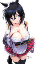 Rule 34 | 1girl, animal ears, apron, black hair, black thighhighs, blue eyes, breasts, cleavage, collarbone, cowboy shot, detached sleeves, eishin flash (umamusume), hand on own chest, highres, horse ears, horse girl, horse tail, large breasts, long sleeves, looking at viewer, miniskirt, open mouth, pleated skirt, red skirt, shirt, short hair, simple background, skirt, skirt hold, solo, tail, tea (nakenashi), thighhighs, umamusume, waist apron, white background, wide sleeves, zettai ryouiki