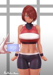 Rule 34 | 1girl, abs, aestheticc-meme, bare shoulders, blue eyes, blush, breasts, brown hair, dark-skinned female, dark skin, embarrassed, hair over one eye, highres, large breasts, may zedong, navel, rwby, short hair, sportswear, standing, thick thighs, thigh gap, thighs, wide hips