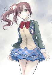 Rule 34 | 1girl, arms at sides, asymmetrical sidelocks, baran. (ba ra ran), blazer, blue skirt, bow, bowtie, clenched hands, closed mouth, collared shirt, cowboy shot, dress shirt, frilled skirt, frills, green jacket, grey background, hair bow, highres, idolmaster, idolmaster cinderella girls, igarashi kyoko, jacket, layered skirt, lone nape hair, long hair, looking at viewer, miniskirt, red bow, red bowtie, shirt, side ponytail, skirt, smile, solo, split mouth, swept bangs, vest, watercolor background, white background, white bow, white shirt, yellow vest