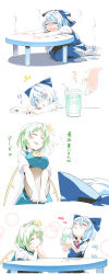 Rule 34 | 2girls, 4koma, :d, = =, ^ ^, absurdres, ascot, asutora, blue bow, blue dress, blue eyes, blue hair, blush, bow, breast press, breasts, cirno, closed eyes, comic, commentary request, cowboy shot, cup, daiyousei, dress, drinking, drinking glass, drinking straw, facing another, fairy wings, green hair, hair between eyes, hair bow, hair ribbon, hands up, head rest, head tilt, heart, highres, holding, holding cup, holding tray, ice, ice cube, ice wings, large breasts, leaning forward, lens flare, looking at viewer, medium breasts, melting, multiple girls, neck ribbon, nose blush, one side up, open mouth, pinafore dress, puffy short sleeves, puffy sleeves, red ribbon, ribbon, shirt, short hair, short sleeves, simple background, sitting, sleeveless dress, smile, socks, standing, sweat, table, touhou, translation request, tray, upper body, wariza, white background, white legwear, white shirt, wing collar, wings, yellow ribbon