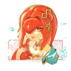 Rule 34 | 1girl, camille-sky, closed mouth, colored skin, commentary request, fins, fish girl, flower, hair ornament, hand up, highres, jewelry, long hair, looking at viewer, mipha, monster girl, multicolored skin, nintendo, no eyebrows, petals, pointy ears, red hair, red skin, smile, solo, the legend of zelda, the legend of zelda: breath of the wild, two-tone skin, white background, yellow eyes, zora