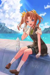 Rule 34 | 1girl, ahoge, bike shorts, blue sky, bottle, brown hair, cloud, commentary request, commission, day, gloves, green ribbon, grey skirt, grey vest, hair ribbon, kagerou (kancolle), kantai collection, mountain, neck ribbon, ocean, outdoors, ribbon, school uniform, shirt, short sleeves, shorts, shorts under skirt, skeb commission, skirt, sky, solo, twintails, vest, water, white gloves, white shirt, wss (nicoseiga19993411), yellow ribbon