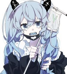 Rule 34 | 1girl, bandages, blue eyes, blue hair, blue tongue, colored tongue, eiku, gauze, hair between eyes, hatsune miku, highres, holding, intravenous drip, iv stand, jacket, long hair, long sleeves, looking at viewer, open mouth, sharp teeth, solo, tearing up, teeth, twintails, upper body, vocaloid, white background