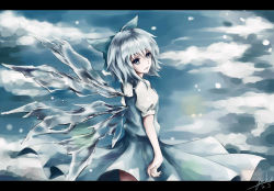 Rule 34 | 1girl, :d, blue eyes, blue hair, bow, cirno, dress, hair bow, ice, ice wings, letterboxed, looking at viewer, nangua mache, open mouth, short hair, signature, smile, touhou, wings